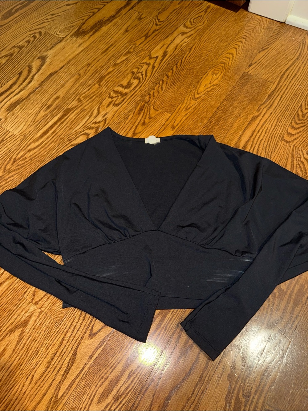 Black V-Neck Wrap Crop Top - Women's Long Sleeve